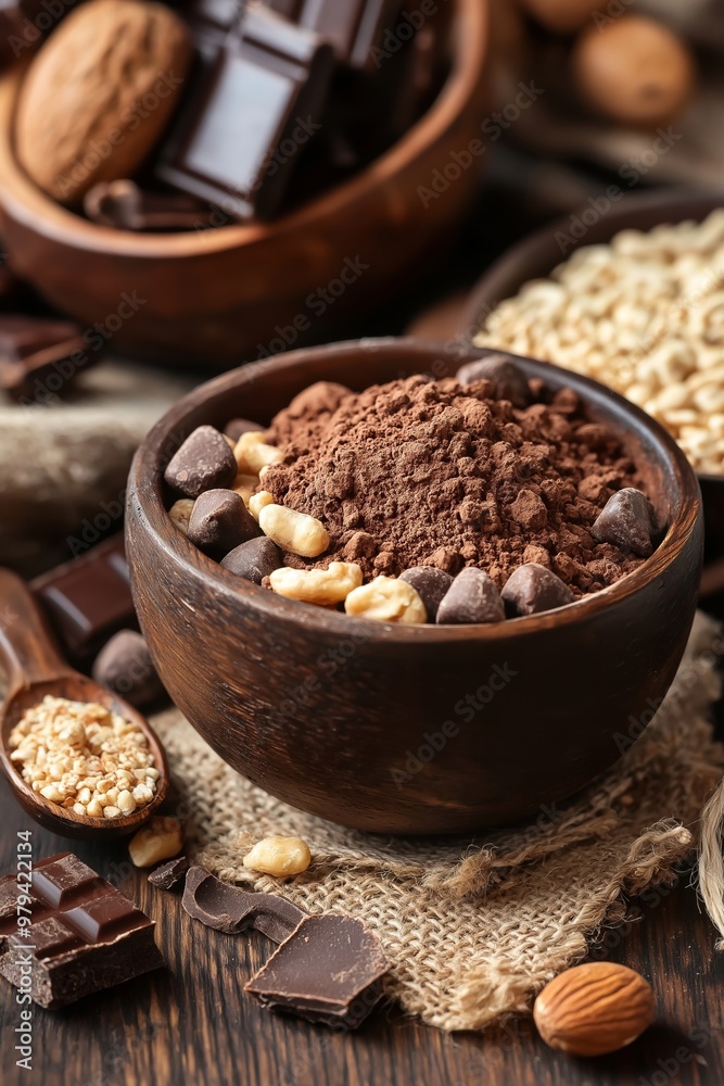 A wooden bowl filled with a rich mixture of cocoa powder, nuts, and chocolate chunks, set on a rustic wooden surface. A wooden bowl filled with a rich mixture of cocoa powder, nuts, and chocolate chunks, set on a rustic wooden surface.