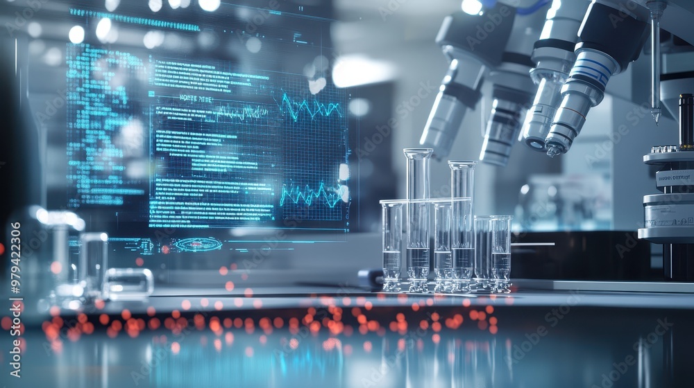 © bajita111122 - Detailed bioengineering design rendered in a biotech lab, close-up of lab instruments and holographic data, [biotechnology lab], [bioengineering innovation].