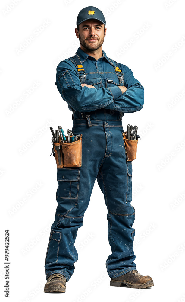 Confident construction worker in blue overalls with tool belt, standing on transparent background. Concept of manual labor and skilled tradesmen Confident construction worker in blue overalls with tool belt, standing on transparent background. Concept of manual labor and skilled tradesmen