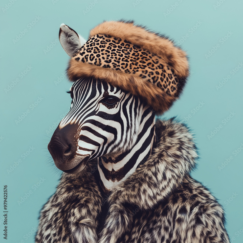 Naklejka premium Close-up portrait of cute zebra wearing leopard fur cap and winter coat on pastel background