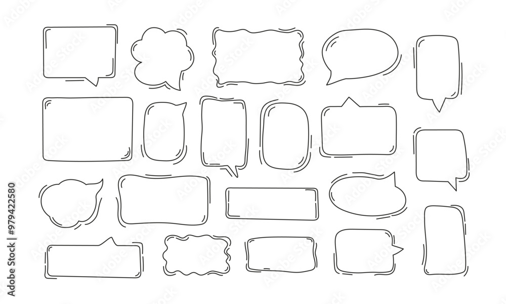 Fototapeta premium Set of speech bubbles and text boxes. Linear frames, rectangles and geometric shapes. Vector illustration. Dialog cloud template, chat form.
