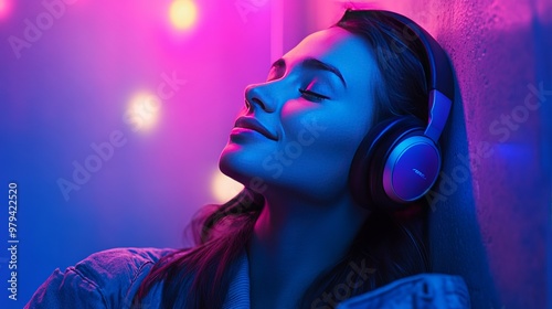 A woman is wearing headphones and appears to be relaxed