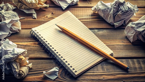 A cluttered desk with a worn wooden pencil lying across a crumpled piece of paper, surrounded by scattered notes and an open journal.