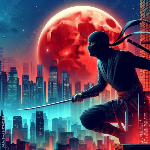 Cool 2D illustration of modern ninja and big red moon, cinematic colors of the city.
