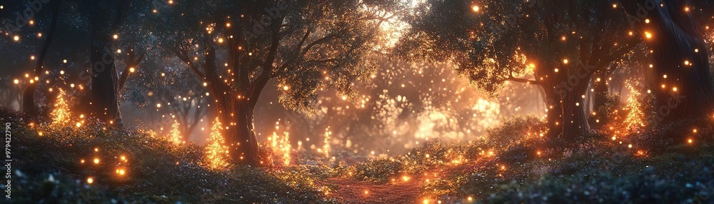 Magical forest with christmas trees and glowing lights Magical forest with christmas trees and glowing lights