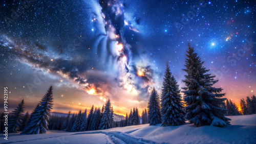 Majestic Winter Night Sky with Vibrant Stars Above Snowy Pine Forest