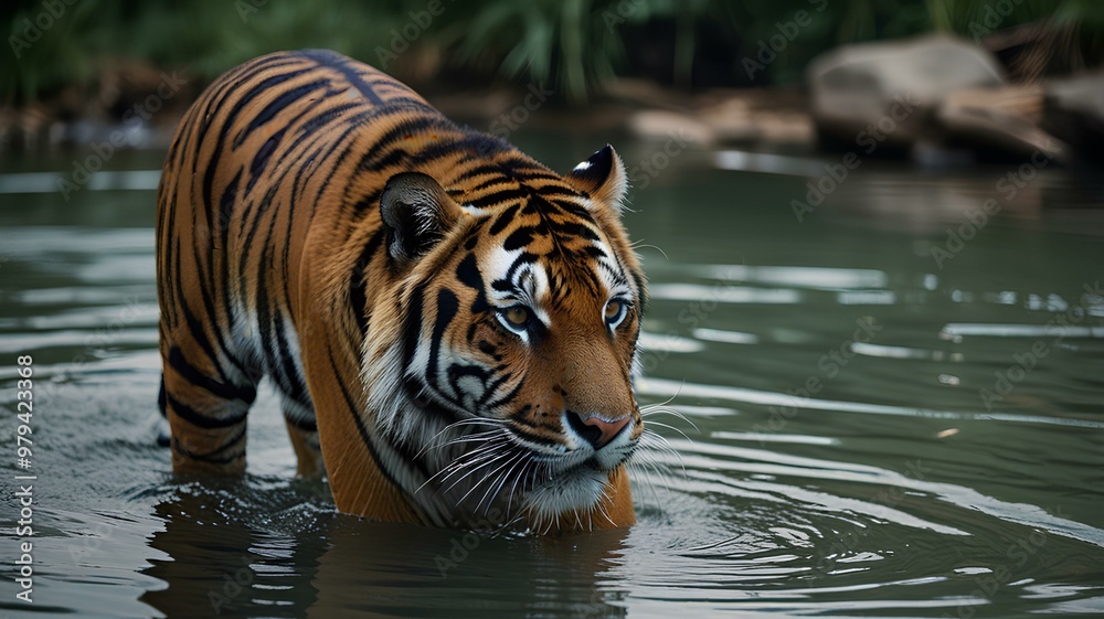 Naklejka premium Calm Tiger walking in the water with natural tone color.