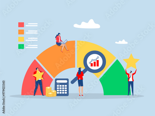 Benchmark performance or KPI key performance indicator
growth or KPI measurement result, businessman magnify benchmark metric graph scale.
