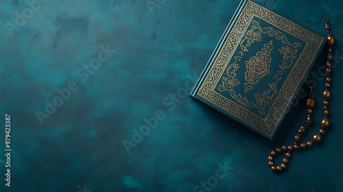 Quran and rosary on a black background with copy space