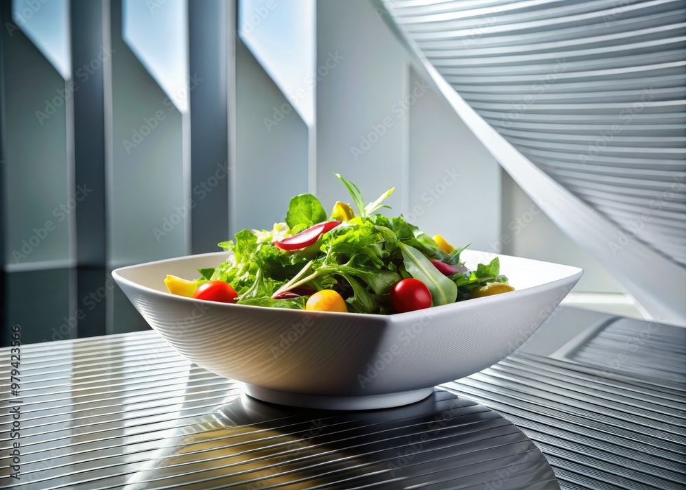 Clean and crisp salad presentation in sleek white bowl on modern metallic table with bold graphic lines and futuristic ambiance. Clean and crisp salad presentation in sleek white bowl on modern metallic table with bold graphic lines and futuristic ambiance.