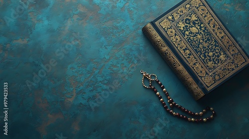 Quran and rosary on a black background with copy space