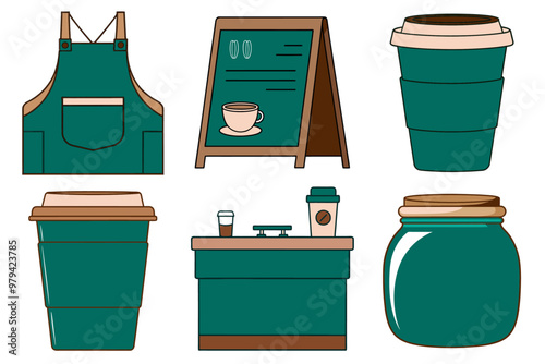 Coffee shop essentials with apron, cups, signage, and counter