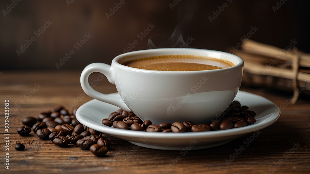 Close up a white cup of hot coffee, beans and book on wooden table. Close up a white cup of hot coffee, beans and book on wooden table.