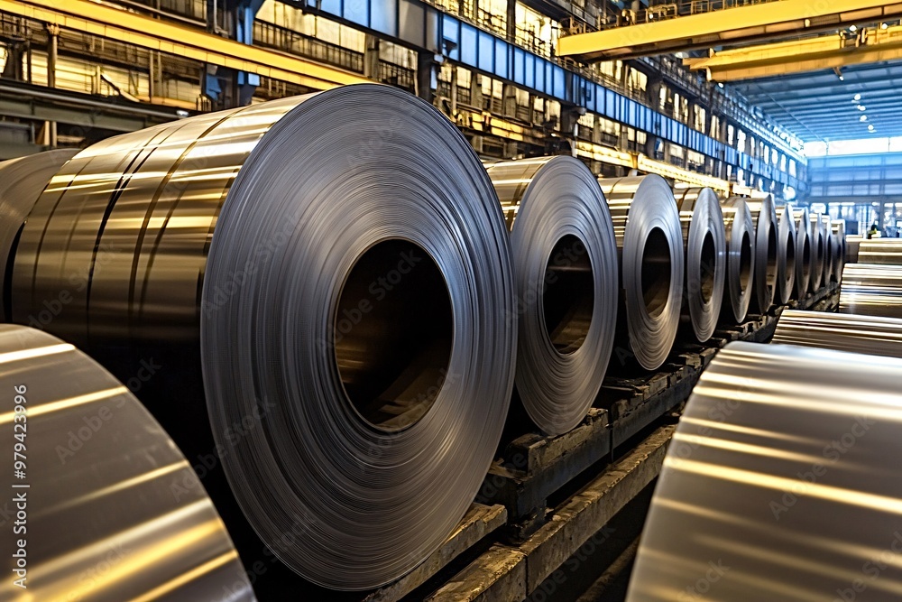 Large, heavy, aluminum coils stacked in a factory, showing the scale of industrial metal production. The coils are shiny and new Large, heavy, aluminum coils stacked in a factory, showing the scale of industrial metal production. The coils are shiny and new