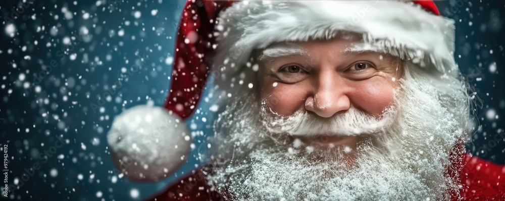 Joyful Santa Claus smiles amidst falling snowflakes, embodying the spirit of Christmas and festive cheer with his iconic red attire. Joyful Santa Claus smiles amidst falling snowflakes, embodying the spirit of Christmas and festive cheer with his iconic red attire.