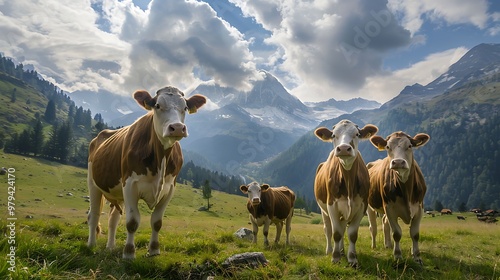 A serene landscape featuring cows grazing in a lush green meadow with mountains in the background.