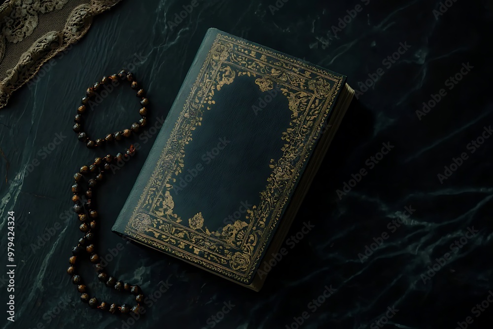 Fototapeta premium Quran and rosary on a black background with copy space