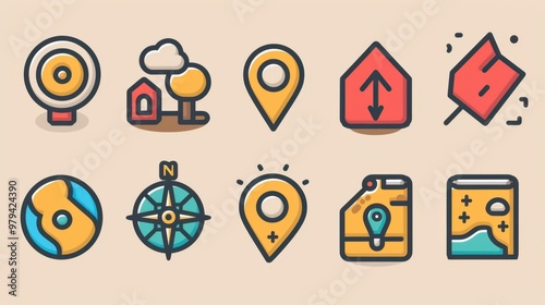 Set of colorful location and navigation icons, including maps, compasses, and pointers, in a cartoon style for various uses.