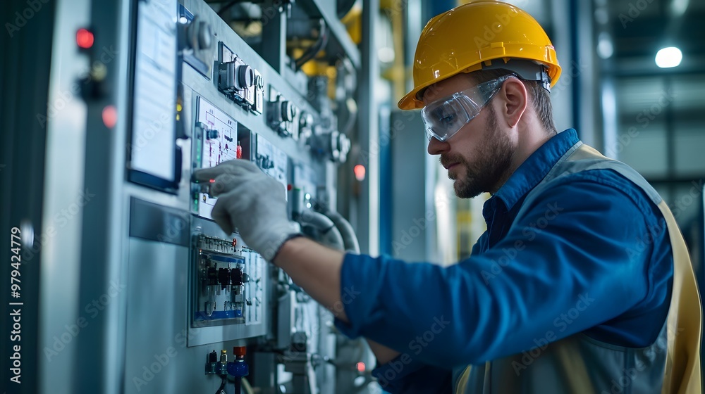 Engineer performing calibration checks on a manufacturing machine to ensure quality output, calibration control, machinery quality assurance Engineer performing calibration checks on a manufacturing machine to ensure quality output, calibration control, machinery quality assurance