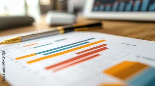 Close-up of a stock market analysis chart with a mix of bar graphs and line graphs highlighting key data