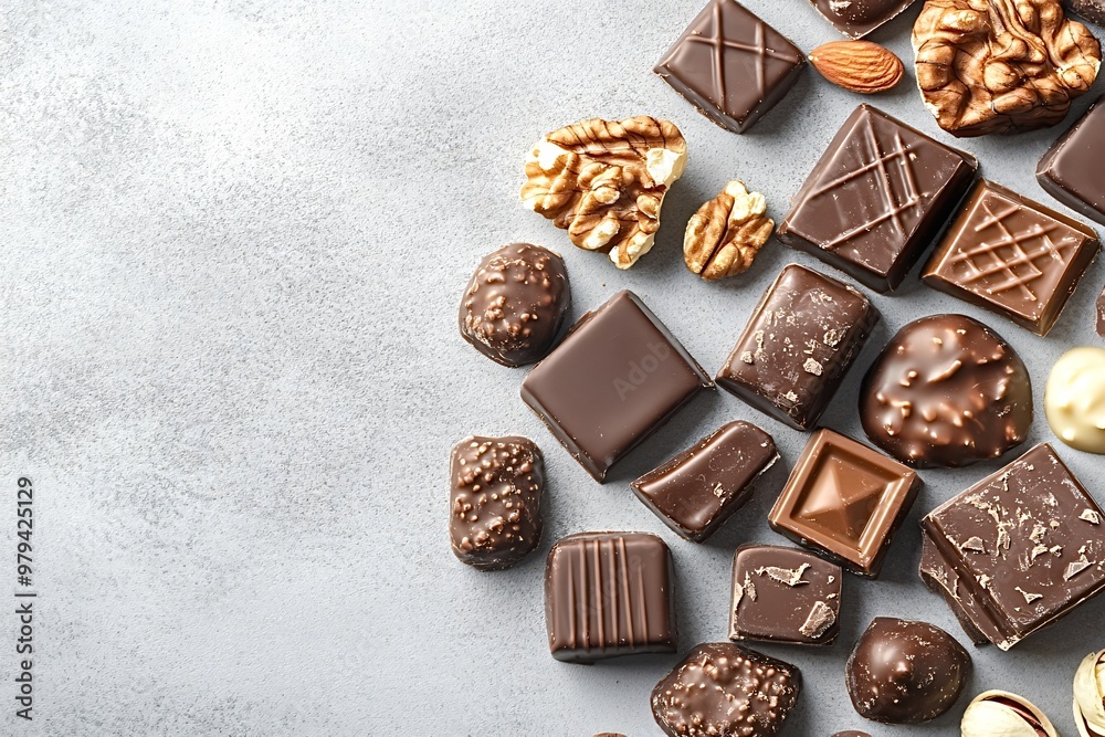 Chocolate pieces with nuts on gray table, creating tempting flat lay. Captures essence of chocolate indulgence, visually appealing backdrop, copy space Chocolate pieces with nuts on gray table, creating tempting flat lay. Captures essence of chocolate indulgence, visually appealing backdrop, copy space