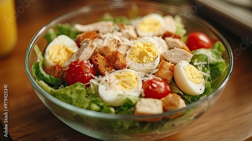 A fresh Caesar salad in a clear glass bowl, filled with crisp lettuce, cherry tomatoes, hard-boiled eggs, and grilled chicken, garnished with Parmesan and croutons.