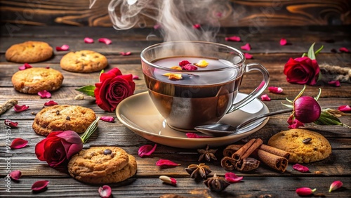 Steaming cup of aromatic black tea with a splash of creamy milk, surrounded by delicate rose petals and freshly baked cookies on a rustic wooden table. photo