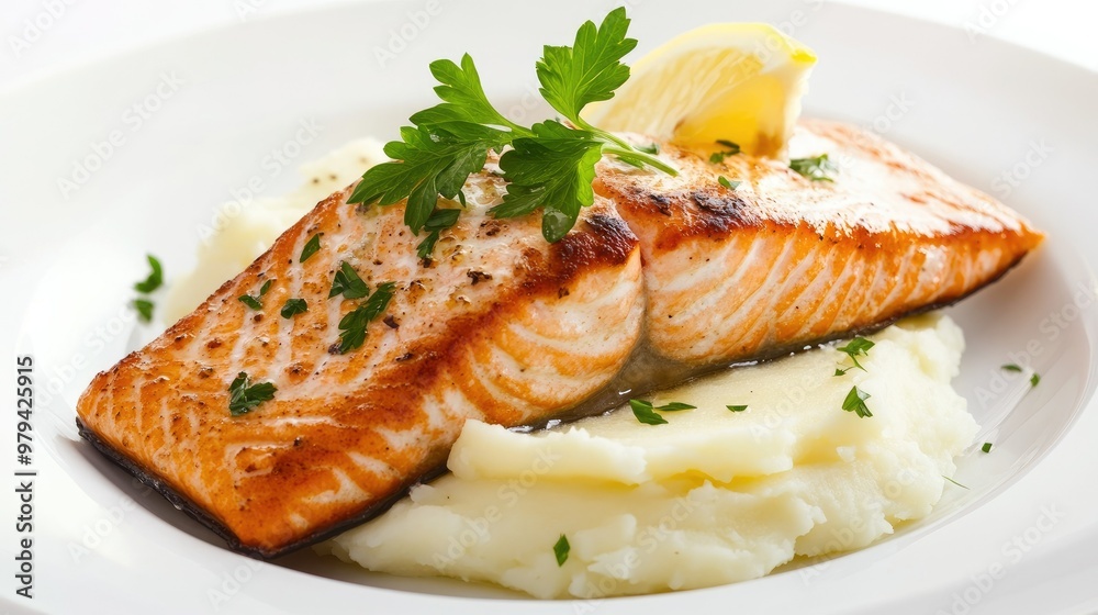 A gourmet dish of seared salmon fillet over creamy mashed potatoes, finished with a sprig of fresh parsley and a lemon wedge, elegantly plated on white. A gourmet dish of seared salmon fillet over creamy mashed potatoes, finished with a sprig of fresh parsley and a lemon wedge, elegantly plated on white.