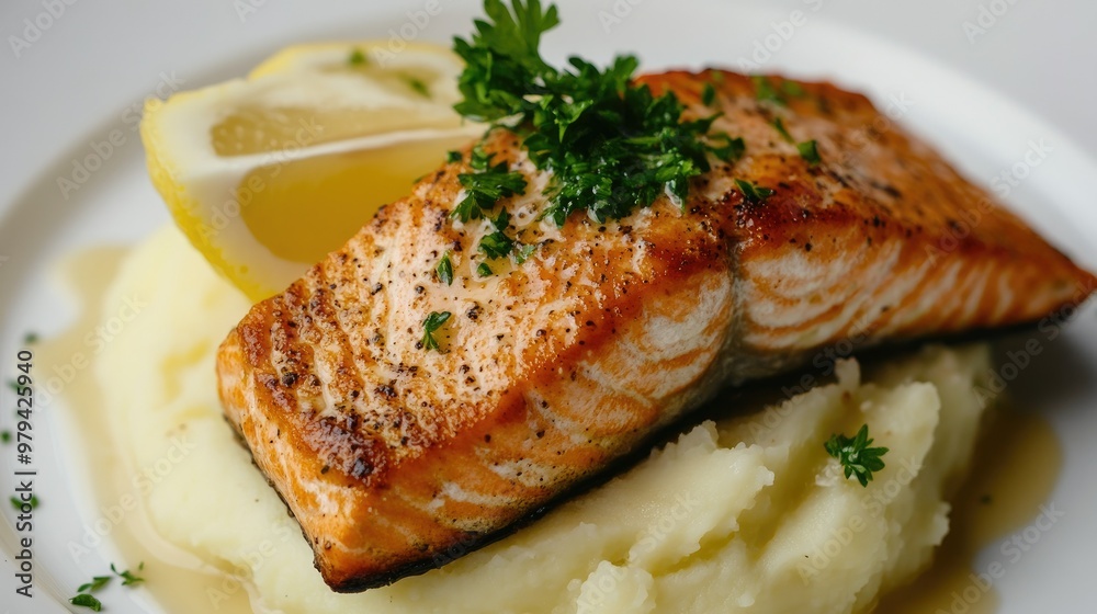 A gourmet dish of seared salmon fillet over creamy mashed potatoes, finished with a sprig of fresh parsley and a lemon wedge, elegantly plated on white. A gourmet dish of seared salmon fillet over creamy mashed potatoes, finished with a sprig of fresh parsley and a lemon wedge, elegantly plated on white.
