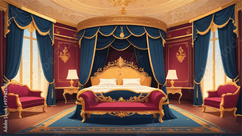 Luxurious Royal Chamber with Grand Bed, Silk Curtains, and Elegant Furniture in Cartoon Royal Style