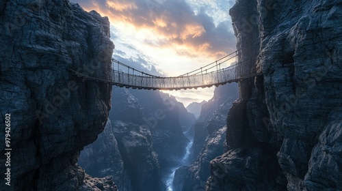 3D render of a rope bridge suspended between two massive rock formations, hanging over a deep valley with dramatic lighting and shadows