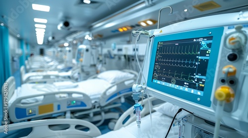 Nurses monitor vital signs on advanced screens while preparing for patient care in a sleek, well-lit critical care ward at night