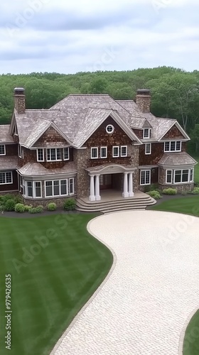 This beautiful colonial home showcases classic New England architecture with stone walls, large windows, a cobblestone driveway, and lush greenery on a sunny day