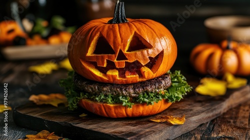 A Halloween burger with a carved pumpkin head bun and juicy beef patties, combining eerie holiday vibes with delicious food. Ideal for spooky party menus.