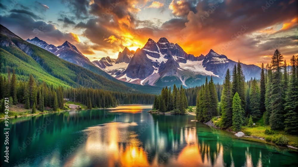 Vibrant sunset casts a warm glow on snow-capped rugged mountains, serene alpine lake, and lush green forest, amidst a tranquil and breathtaking natural scenery. Vibrant sunset casts a warm glow on snow-capped rugged mountains, serene alpine lake, and lush green forest, amidst a tranquil and breathtaking natural scenery.