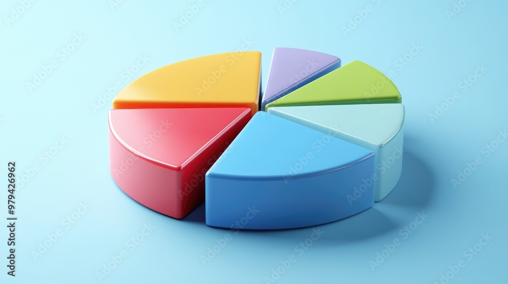 Fototapeta premium Colorful 3D pie chart with segments tilted slightly, showing depth and perspective, business theme