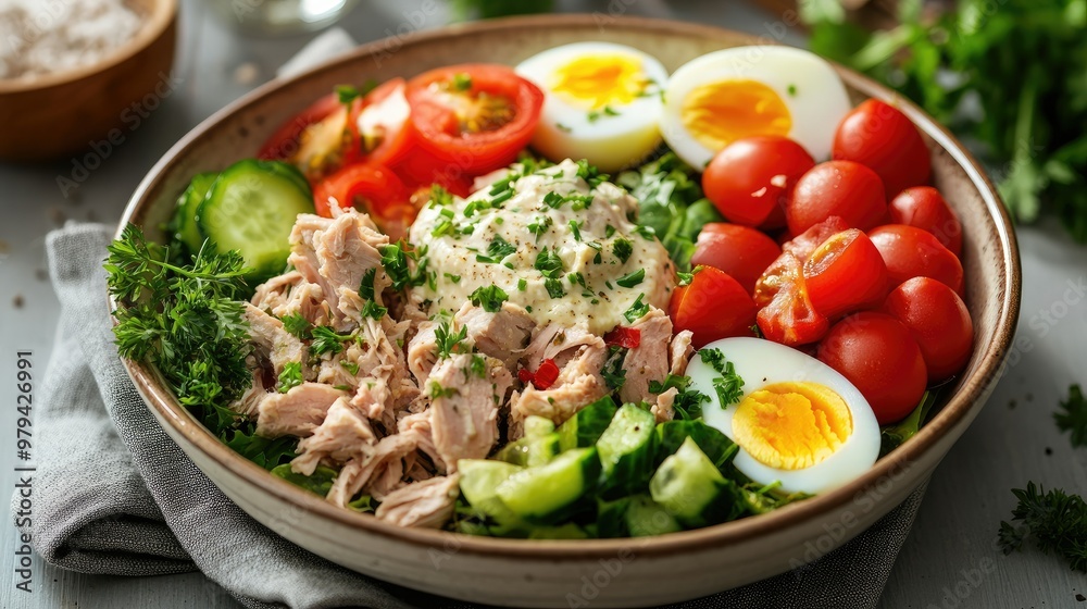 A healthy salad bowl with tuna meat, boiled eggs, fresh vegetables, and a creamy sauce, garnished with herbs, creating a vibrant and balanced meal. A healthy salad bowl with tuna meat, boiled eggs, fresh vegetables, and a creamy sauce, garnished with herbs, creating a vibrant and balanced meal.
