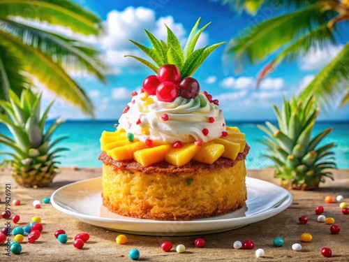 VibrantTropicalIsland PineappleUpsideDownCake ColorfulSprinkles WhippedCreamDecor SunnyDayGoodVibes FreshFruitSlices BrightColor-blocking HappySummerVibes FunInthesun photo