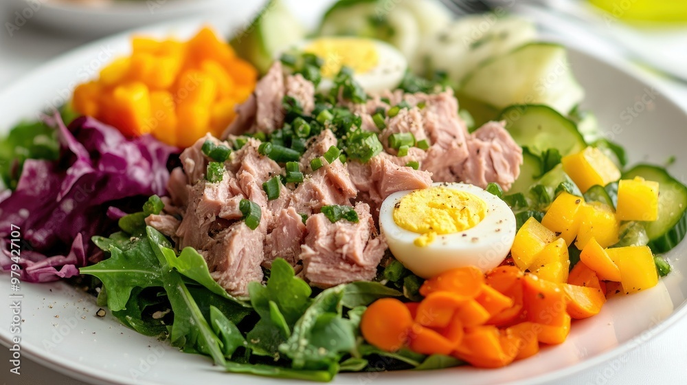 A healthy salad featuring tuna meat, boiled eggs, fresh greens, and colorful vegetables, drizzled with a light sauce, arranged beautifully on a white plate. A healthy salad featuring tuna meat, boiled eggs, fresh greens, and colorful vegetables, drizzled with a light sauce, arranged beautifully on a white plate.