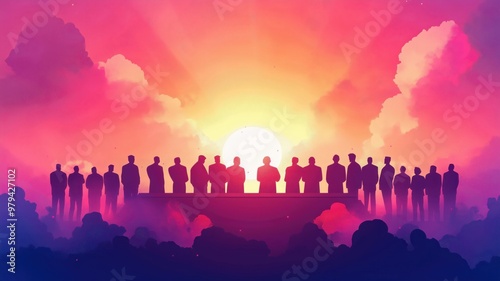 Silhouetted figures stand against a vibrant sunset, symbolizing unity, diversity, and hope in a beautiful landscape. photo