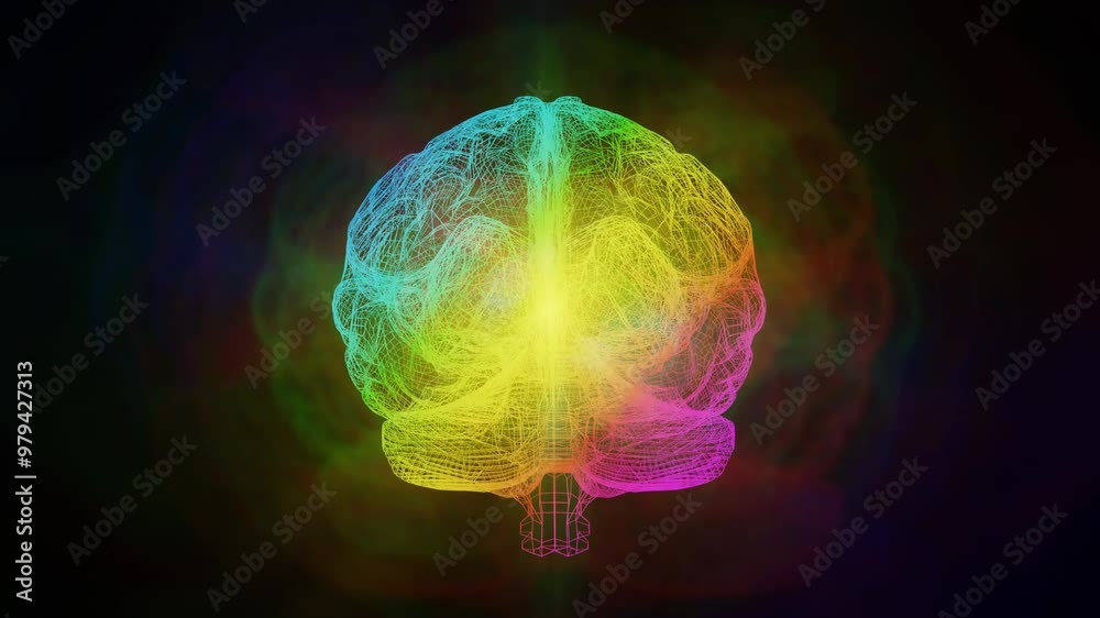 Colorful Neon Wireframe Brain with Glowing Center on Dark Background Colorful Neon Wireframe Brain with Glowing Center on Dark Background