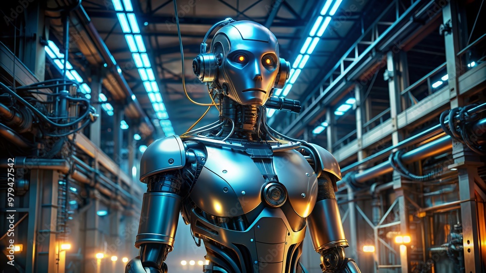 Shiny futuristic robot with glowing blue eyes and metallic limbs stands alone in a dimly lit industrial factory, surrounded by wires and machinery parts. Shiny futuristic robot with glowing blue eyes and metallic limbs stands alone in a dimly lit industrial factory, surrounded by wires and machinery parts.