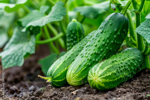 Fresh cucumbers in a vegetable garden, closeup, healthy lifestyle, growing vegetables