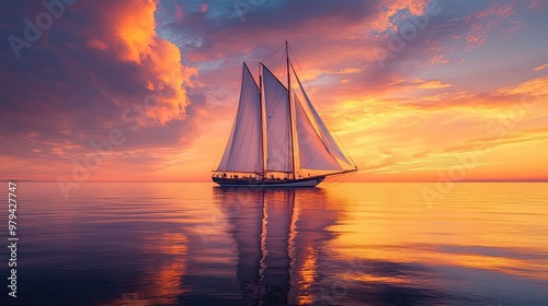 A majestic big sailboat glides peacefully across the calm sea at sunset, with the sky painted in vibrant shades of orange and pink. The sails billow in the evening breeze.