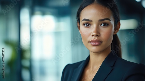 Detailed shot of a businesswoman in a sleek office setting  with a focus on her face and professional attire