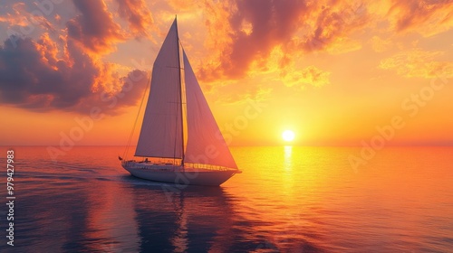 A massive sailboat navigates tranquil evening waters, the glowing orange sky reflecting off the sea, creating a serene and peaceful atmosphere.