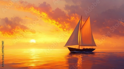 A massive sailboat navigates tranquil evening waters, the glowing orange sky reflecting off the sea, creating a serene and peaceful atmosphere.