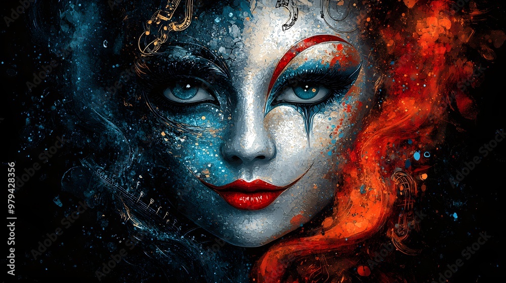 Create a t-shirt celebrating the performing arts by blending dramatic masks with musical elements, representing the fusion of theater and music, close up, cultural celebration theme, whimsical Create a t-shirt celebrating the performing arts by blending dramatic masks with musical elements, representing the fusion of theater and music, close up, cultural celebration theme, whimsical