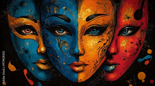 Wallpaper Mural Create a t-shirt celebrating the performing arts by blending dramatic masks with musical elements, representing the fusion of theater and music, close up, cultural celebration theme, whimsical Torontodigital.ca