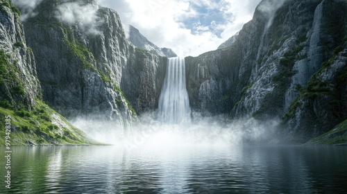 3D scene of a powerful waterfall flowing into a large lake, mist rising as the water meets the calm surface below.